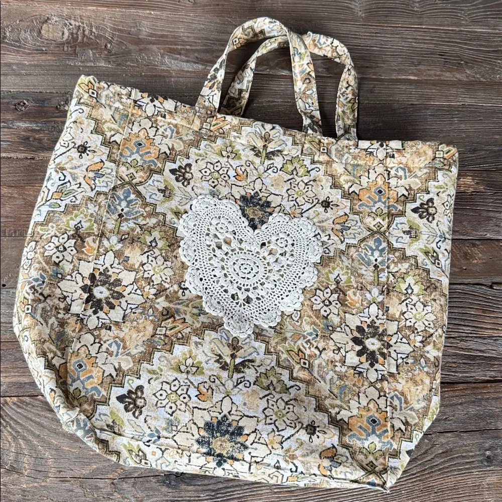 Handmade farmers market‎ cotton canvas crocheted doily large tote